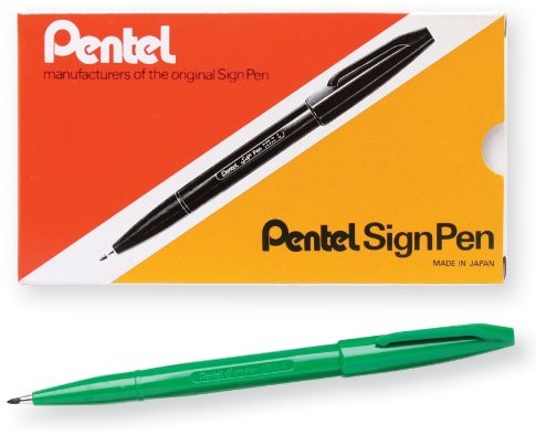 Pentel Sign Pen, końcówka z włókna, tusz czarny (S520-A), zielony S520-D