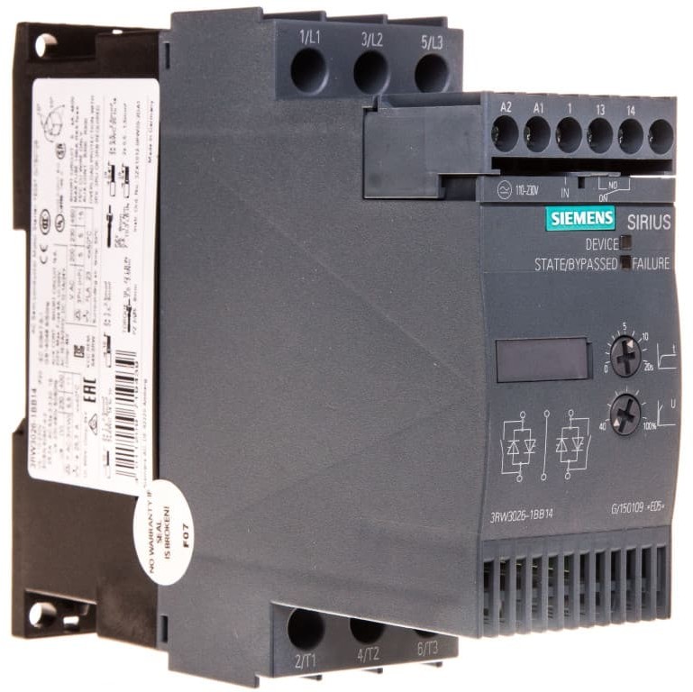 Siemens Softstart 3-fazowy 200-480VAC 25A 11kW/400V Uc=110-230V AC/DC S0 3RW3026-1BB14