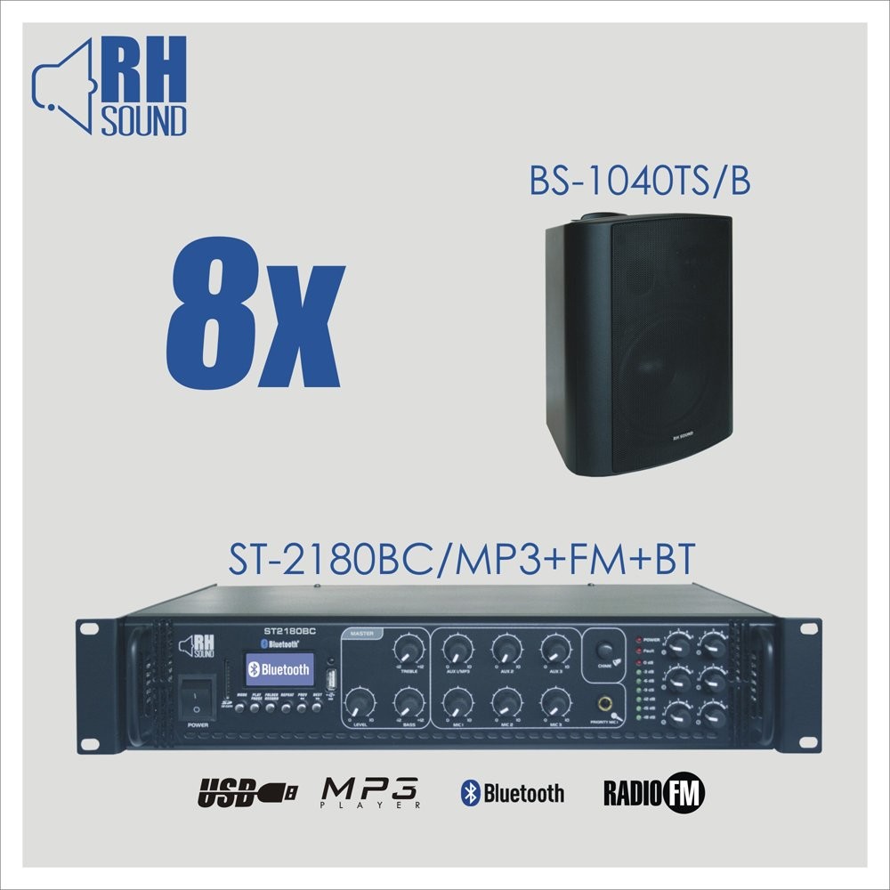 RH Sound ST-2180BC/MP3+FM+BT + 8x BS-1040TS/B - nagłośnienie naścienne