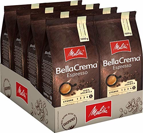 Melitta całe ziarna kawy, 100% arabski, mocny smak, grubość 5, BellaCrema Espresso, 8 x 1 kg