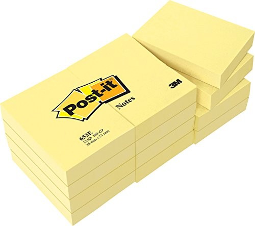 Post-it Post-It 653e karteczką z notatkami Notes, 51 X 38 MM, 70 G/M, 100 arkuszy, 12 bloki, żółty 653E