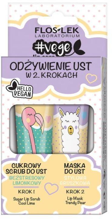 Flos-Lek Vege Lip Care zestaw odżywienie ust w 2 krokach cukrowy scrub bezstresowy limonkowy + maska do ust stylowa gruszkowa 2x14g 94826-uniw