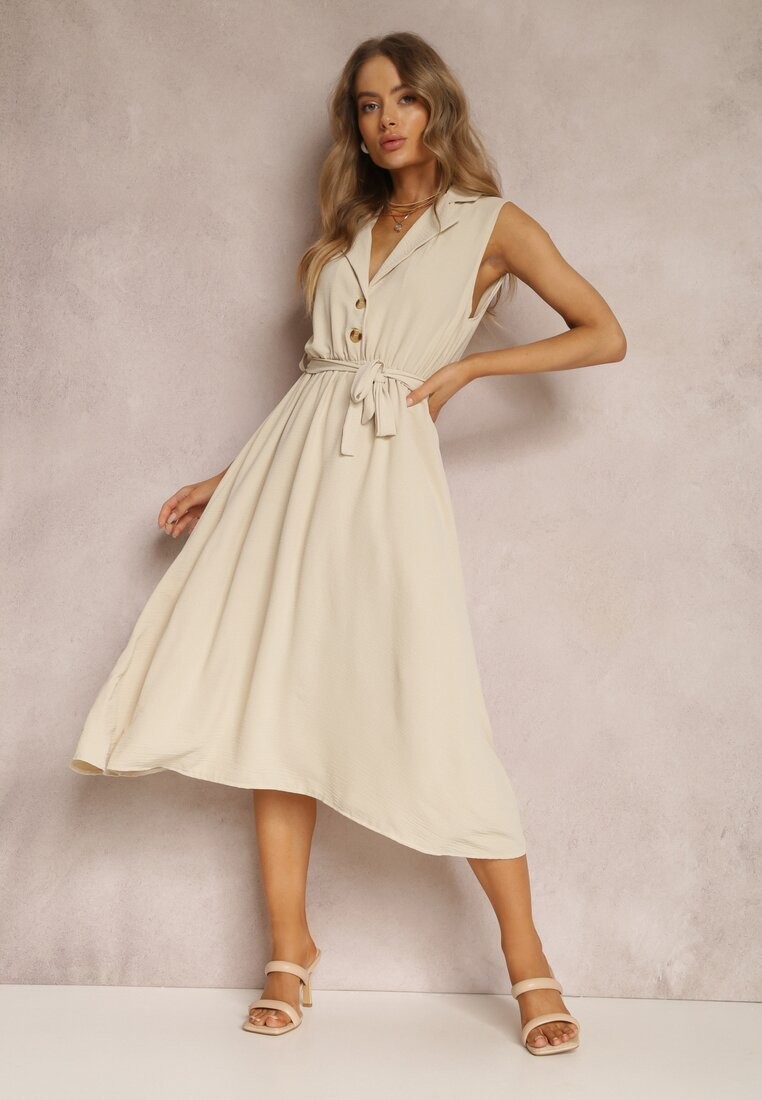 Beżowa Sukienka z Paskiem Phellialla