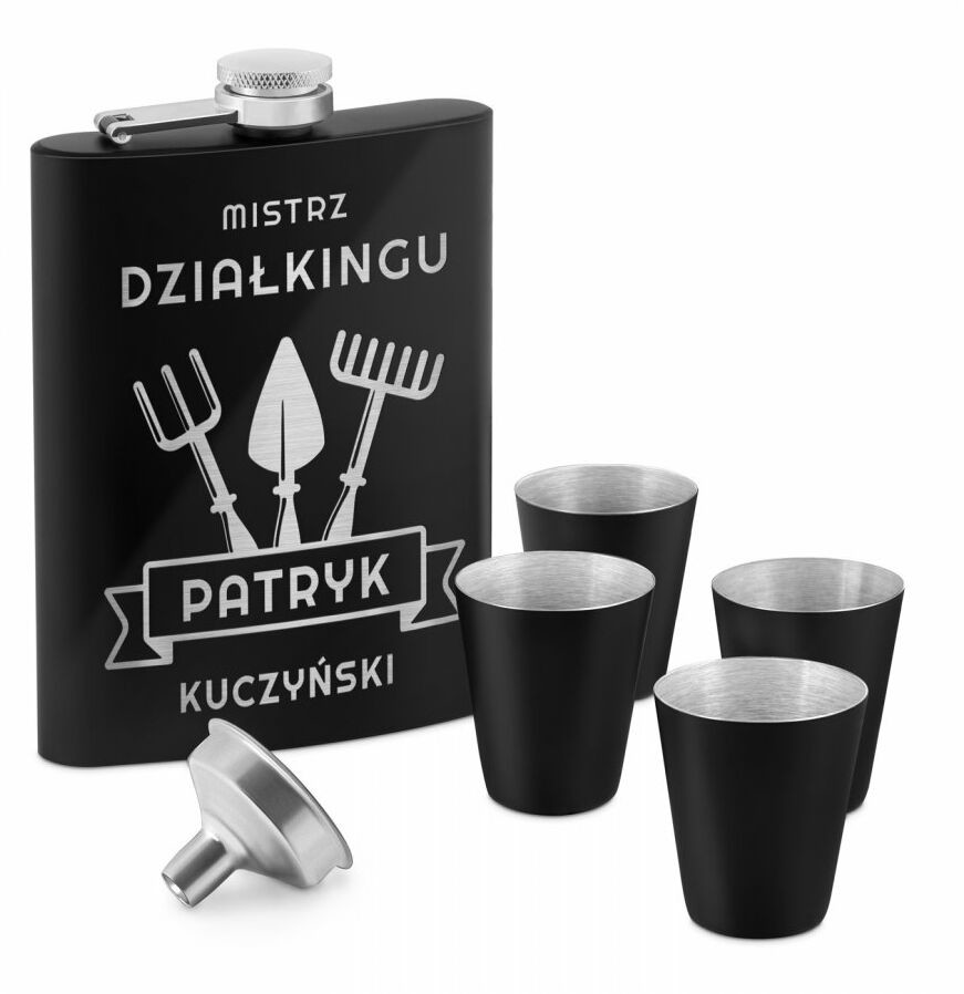 Murrano Piersiówka czarna z 4 kieliszkami i grawerem dla ogrodnika PIER-BK-019