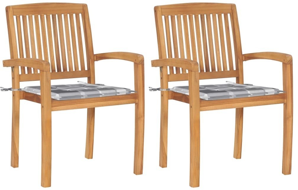 vidaXL Krzesła ogrodowe, 2 szt., poduszki w szarą kratę, drewno tekowe! 3063266