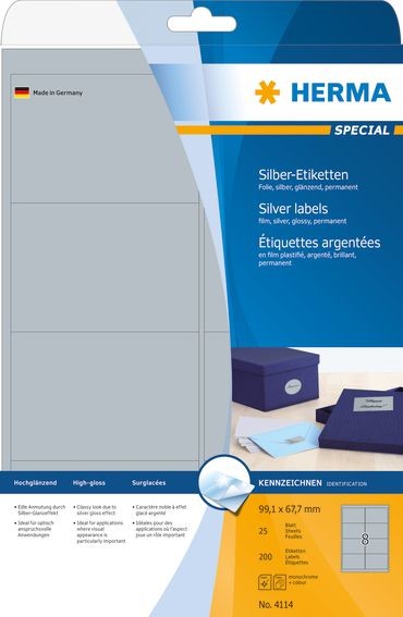 Herma Etiketten A4 silber 99,1x67,7 mm Folie glnz. 200 St. - 4114