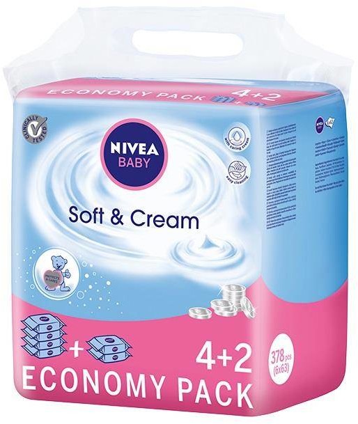 Nivea Baby Soft & Cream chusteczki oczyszczające 6x63szt. 93937-uniw
