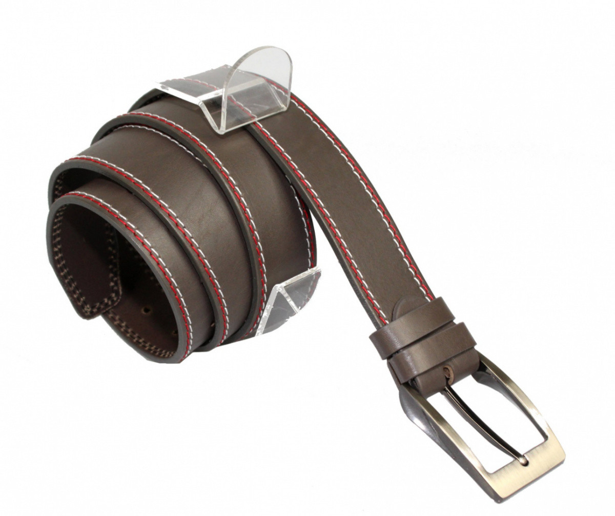 Pas-Max (PL) Pasek Skórzany (PL) Skóra Naturalna Licowa EXTRA 40 mm Beżowo-Grafitowy Z Podwójną Czerwoną I Białą Nitką