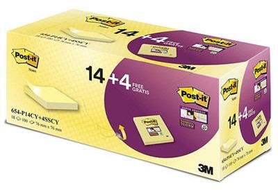 Post-It 3M Karteczki samoprzylepne (654-P14CY+4SSCY), 76x76mm, 14+4x90 kart., żółte, GRATIS 3M-UU009056852