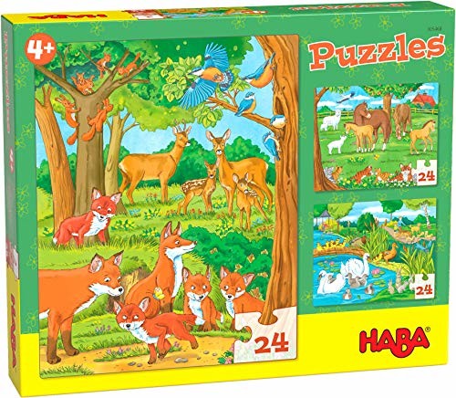 Haba 305468 puzzle rodzinne zwierząt, pudełko z 3 motywami zwierzęcymi dla dzieci od 4 lat, puzzle dziecięce z 24 częściami, do wspierania motoryki precyzyjnej i koordynacji oka 305468