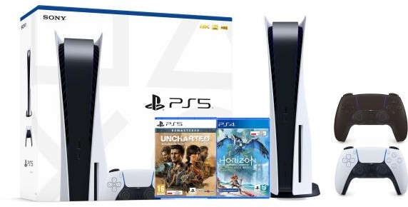 Sony PlayStation 5 + Horizon Forbidden West + Uncharted Kolekcja Dziedzictwo Złodziei + dodatkowy pad czarny