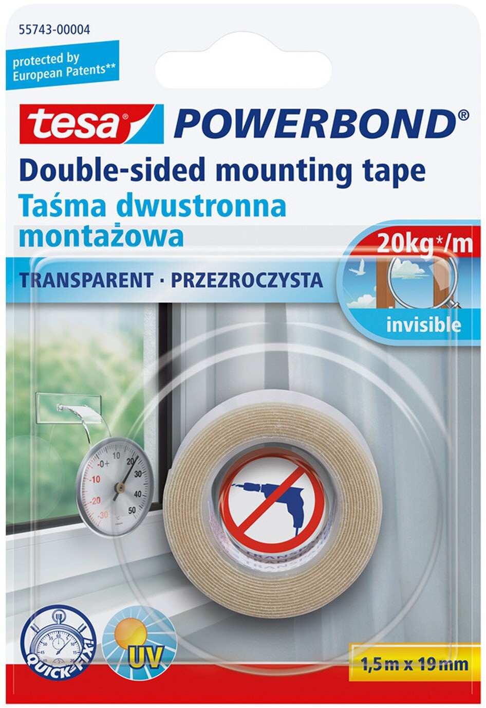 TESA Taśma montażowa transparentna Powerbond 1,5 m x 19 mm