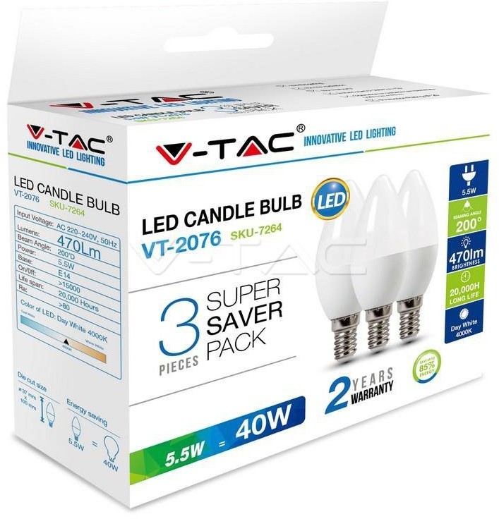 V-TAC Żarówka LED 5.5W E14 Świeczka (Opak. 3szt) VT-2076 2700K 470lm