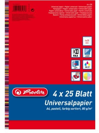 Herlitz 5031612 uniwersalny Colour Mix pastelowy, A4, 80 G/M, 100 arkuszy papieru posortowane pod względem koloru: czerwony, niebieski, zielony, żółty 05031612