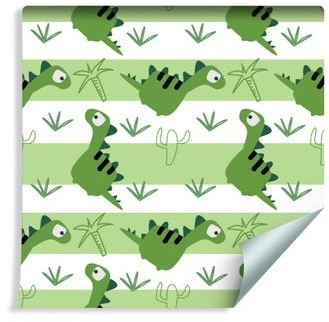 Muralo Tapeta Dla Dzieci Dinozaury na Tle Zielono Białych Pasków 229193861 T_F_10mx53_W_229193861_A