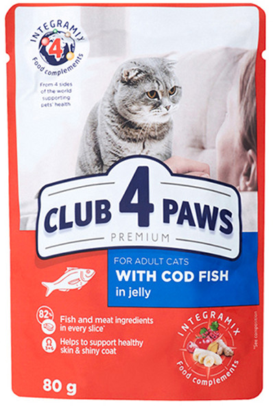 CLUB 4 PAWS FOR ADULT CATS WITH COD FISH IN JELLY 80G
