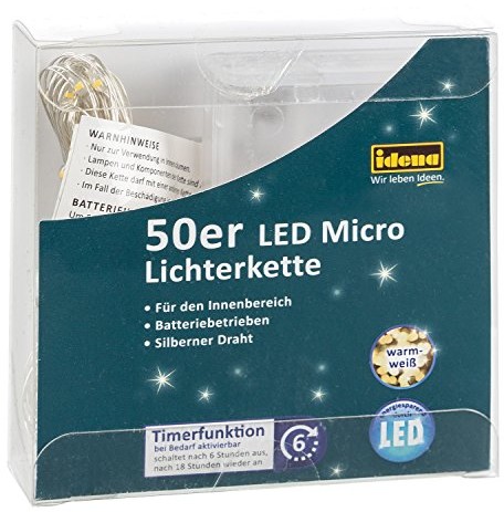 Idena łańcuch świetlny do wnętrz, 50er LED ciepły biały, z zegarem, na baterie, 31825 31825