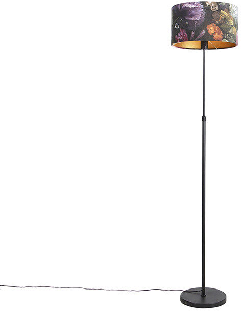 QAZQA Lampa podłogowa regulowana czarna klosz welurowy kwiaty 35cm - Parte