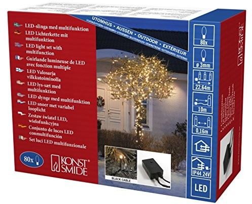 Konstsmide 3614 800 Micro LED łańcuch świetlny/na zewnątrz (IP44)/VDE/zewnętrzny transformator 24 V/z 8 funkcjami, jednostki sterującej i funkcja Memory/80 oranżowego diody/czarny przewód 3614-800