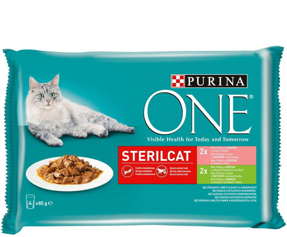Purina karma dla kotów ONE Sterilcat mini filety z indykiem łososiem i zieloną fasolą z marchewką w sosie 12x 4x85 g