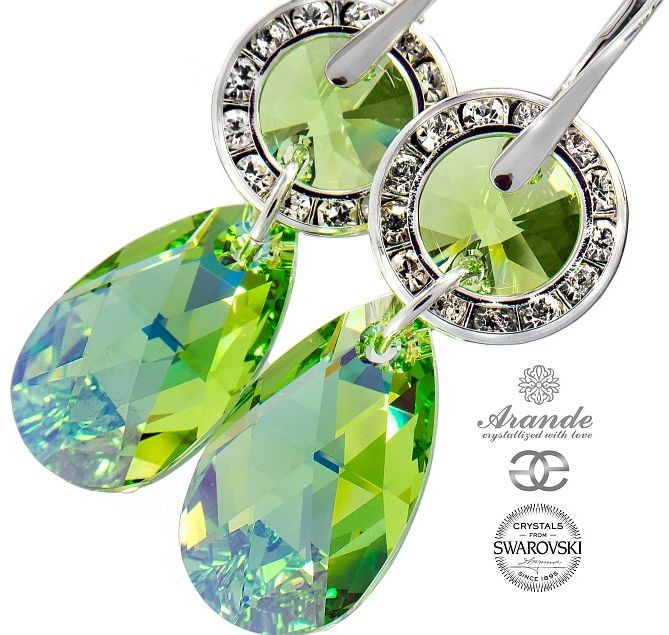 Swarovski ozdobne długie kolczyki PERIDOT SREBRO