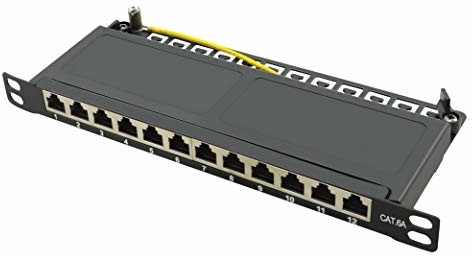 LogiLink Professional NP0066 ekranowane CAT 6A pola krosownicze/rozdzielcze z 12 portami (10 cali), PoE i PoE+, połowa wysokości (0,5 jednostki wysokości) czarne