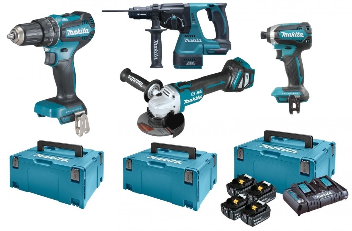 MAKITA Zestaw combo 18V 4 narzędzi 4x6.0Ah DGA513ZJ, DHR243Z, DHP485ZJ, DTD153Z, 821551-1, DC