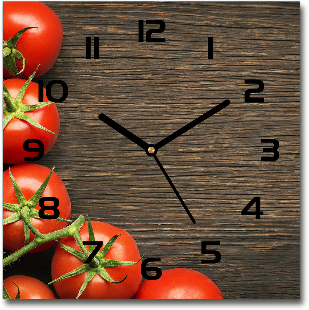 Zegar szklany kwadratowy Pomidory na drewnie