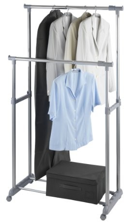 Wenko WENKO 4364500100 stojak na płaszcze Twin Bars  2 drążki na ubrania ,1 miejsce do przechowywania różnych rzeczy, z regulacją wysokości, 4 rolki, chromowany metal, 95  163 X 98  168 x 44 cm, chrom 4364500100