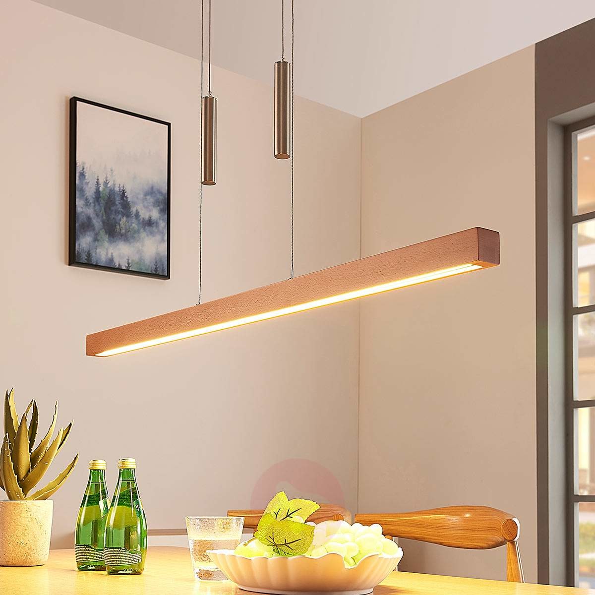 Lampenwelt com Lampa wisząca belka LED Pia, z drewna, ściemniana