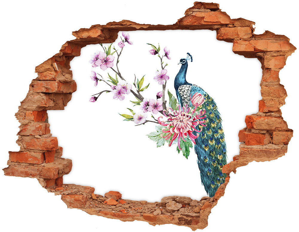 Wallmuralia.pl Dziura 3d fototapeta na ścianę Paw i kwiaty
