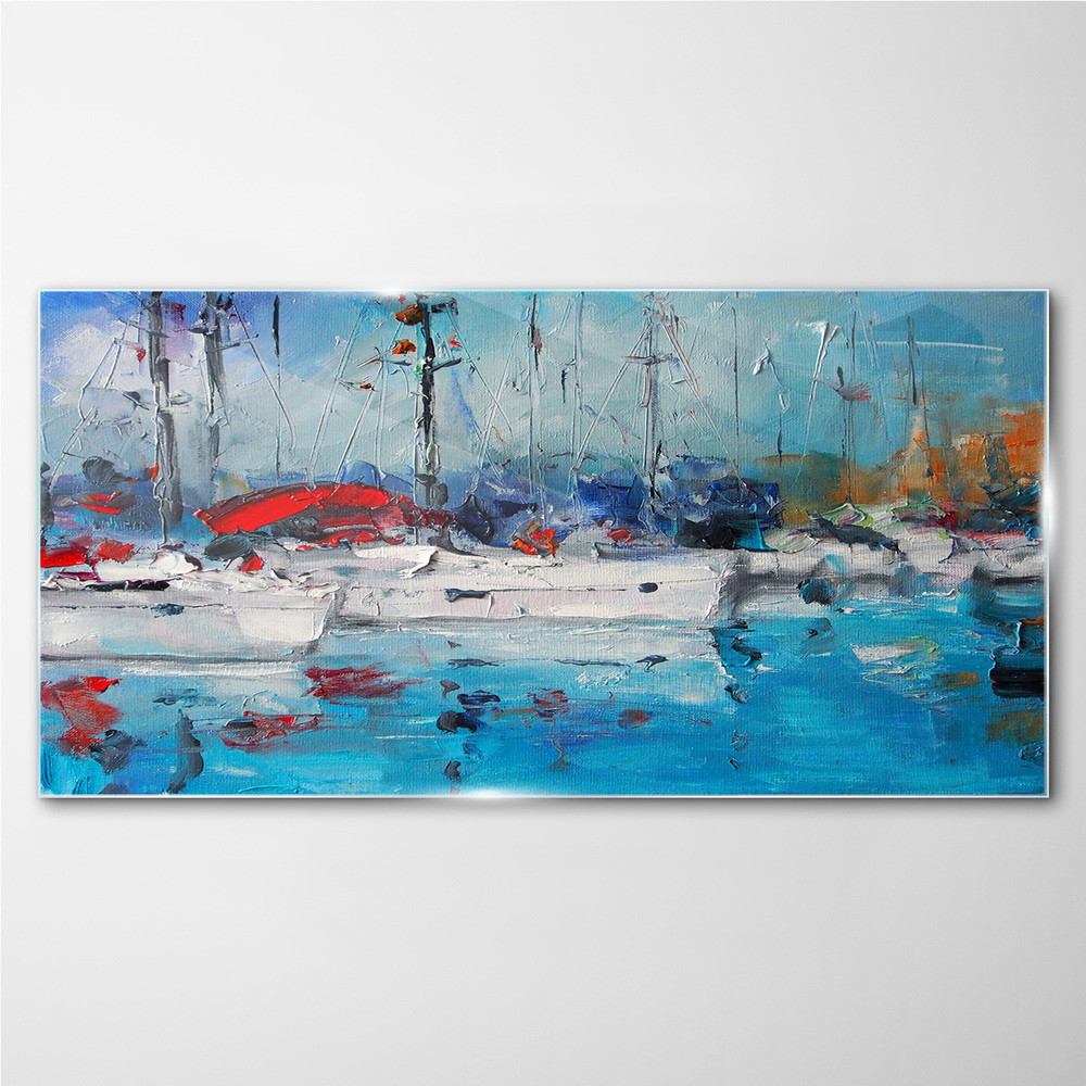 PL Coloray Obraz Szklany Port Statki Woda Niebieski 100x50cm