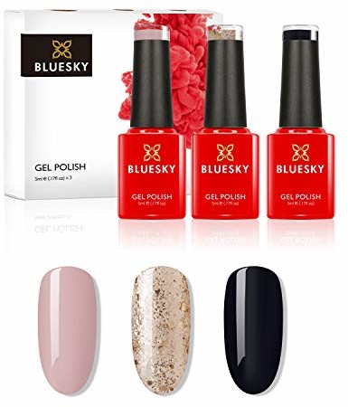 Bluesky Żel Polish, zestaw żelowych lakierów do paznokci, Glitter Leopard. Blindfold Qxg312, Gold KS1049, Jet Black A021. 3 x 5 ml Nude, Pastel, różowy, błyszczący (wymagane utwardzenie pod lampą UV/L Minis-QXG312-BSH015-A021