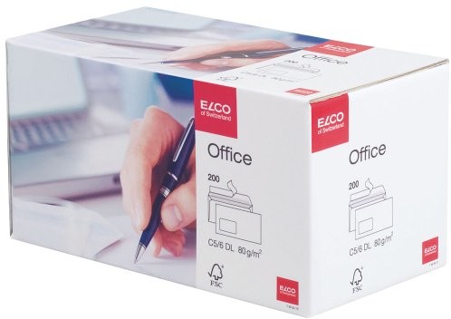 ELCO Elco Office podłużne koperty, gramatura 80 g/m, z certyfikatem FSC, z paskiem samoprzylepnym i okienkiem o wymiarach 90 x 45 mm, 200 szt., w pudełku, kolor biały 74534.12