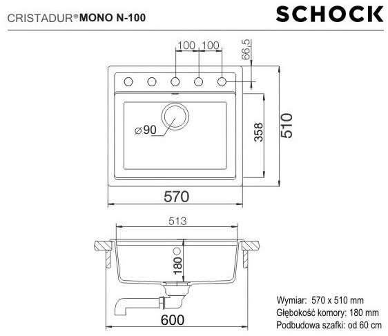 Schock Mono N-100 Zlewozmywak granitowy jednokomorowy 57x51 cm Cristadur polaris MONN100POL