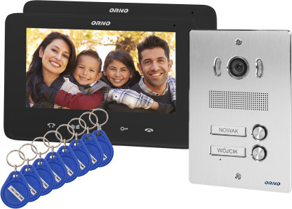 Zestaw wideodomofonowy 2-rodzinny bezsłuchawkowy, kolor,  LCD 7 , z czytnikiem breloków zbliżeniowych, interkom, podt OR-VID-VP-1072/B