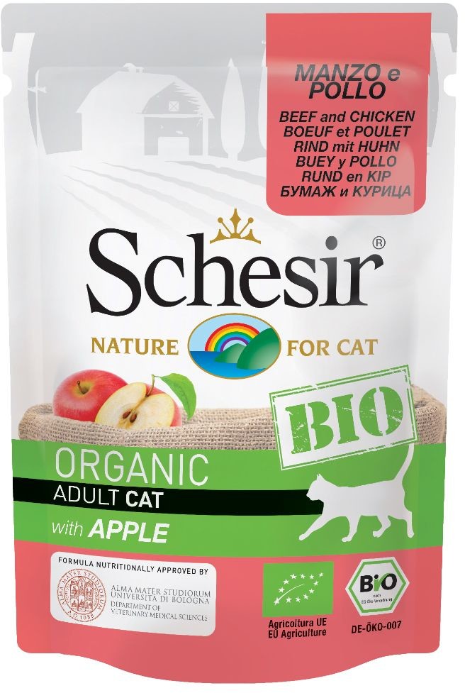 Schesir Megapakiet Bio Pouch, 12 x 85 g - Sterilized, ekologiczna wołowina z kurczakiem i marchwią