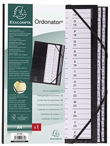 Exacompta 621765e teczka na ze stałym pokrywa, ściągacz z gumką i harmonijka Dehn barem-, 26 przegródek na plecy z tworzywa sztucznego A4 a-z Ordonator, format DIN A4, czarny 621765E