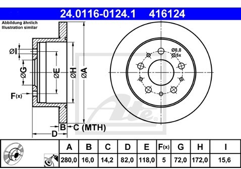 ATE 24.0116-0124.1 TARCZA HAMULCOWA FIAT DUCATO 06- TYŁ