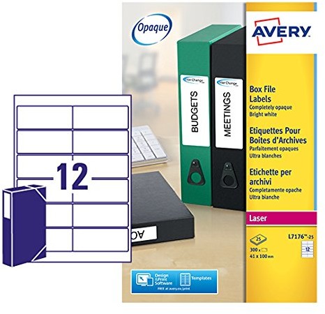 Avery l7176 25 folderów, etykiet na segregatory tusz do drukarki atramentowej i Laser (do 60 MM, 12 Pro arkuszy, 41 X 100 MM) 300 etykiet L7176-25