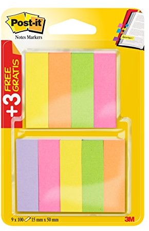 Post-it 670 6 + 3 Page Marker, wąskie Blocks, 6 X 100 arkuszy Zielony, neonowy różowy/różowy/żółty/pomarańczowy/Violet