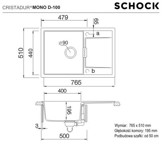 Schock Mono D-100 Zlewozmywak granitowy jednokomorowy 76,5x51 cm Cristadur polaris MOND100POL