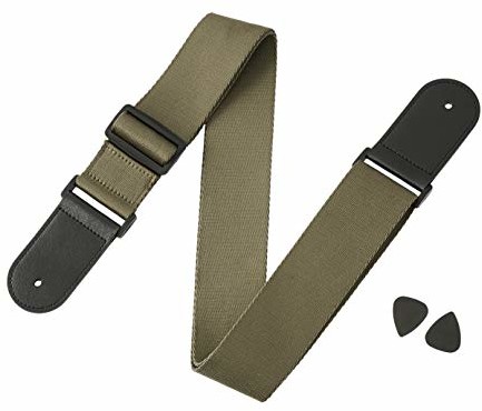 AmazonBasics AmazonBasics - Regulowany pasek do gitary elektrycznej/akustycznej/basowej, łącznie z 2 kostkami, miękki pasek z końcówkami ze sztucznej skóry, zielony XYH21C