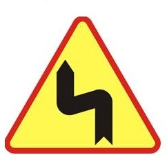 znak ostrzegawczy a-4 dwa niebezpieczne zakręty - pierwszy w lewo