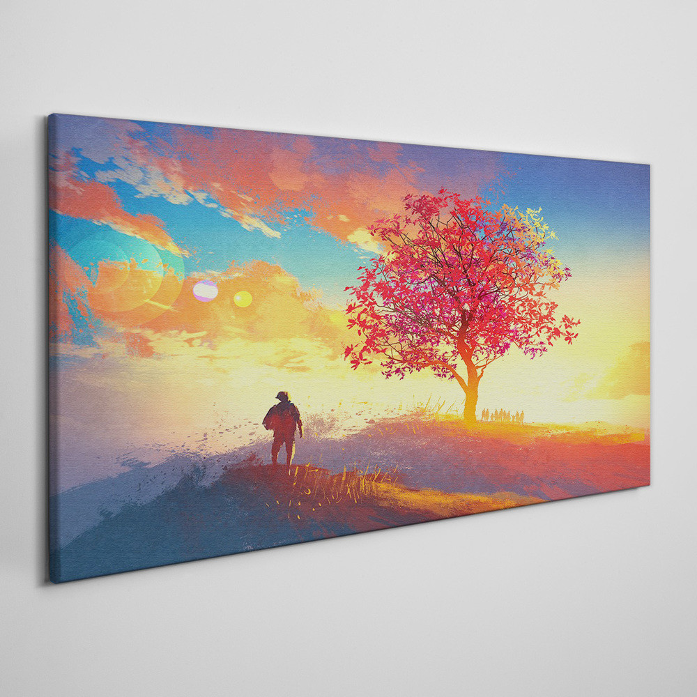 PL Coloray Obraz na Płótnie wzgórze drzewo zachód słońca 140x70cm