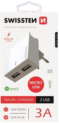 Swissten Karta sieciowa Smart IC CE 2x USB 3 A power biały + kabel USB do transmisji danych 22041000 # Wpisz kod MDC5PL22 i uzyskaj dodatkowe 25 % rabatu na ten produkt promocja do 17.05.2020