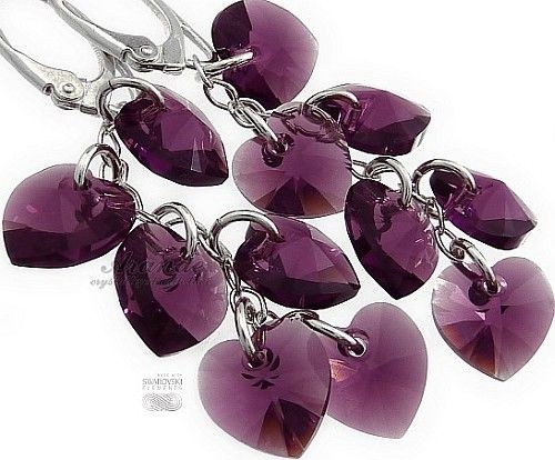 Swarovski Długie Kolczyki Srebro Serce Amethyst