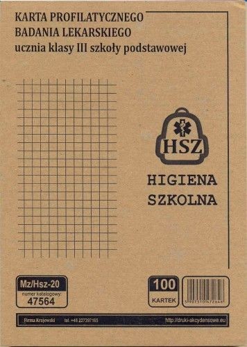 Firma krajewski Karta profilaktycznego badania lekarskiego ucznia III klasy szkoły podstawowej [Mz/Hsz-20] Mz/Hsz-20