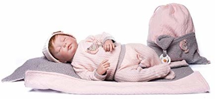 Muecas Guca Puecas Guca - Lalka z bordiurą bożonarodzeniową 46 cm, zestaw z różowymi i szarymi kropkami, podkładka do przewijania i plecak, wielokolorowa (18026) 18026
