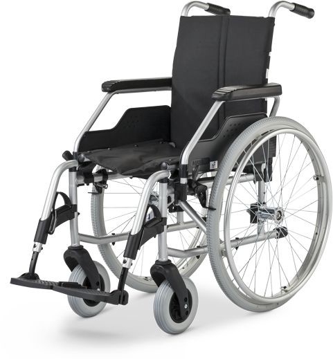 Meyra Wózek inwalidzki aluminiowo-stalowy z ramą krzyżakową - tekstylna tapicerka, regulowany podnóżek + hamulce dla opiekuna FORMAT 3.940)